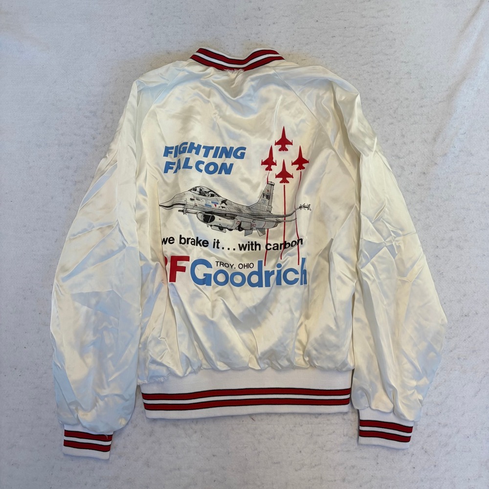 Pla-Jac Bomber Jacket Mens Medium White F-16 Fighting Falcon BFGoodrich Satin